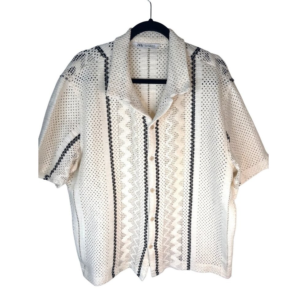 2/$30 Zara Mens XL Open Knit Button-Down Shirt Off White & Black Striped Unisex - Picture 8 of 13